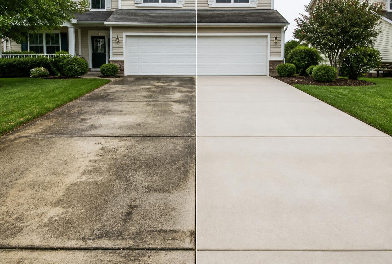 Concrete driveway before and after pressure washing