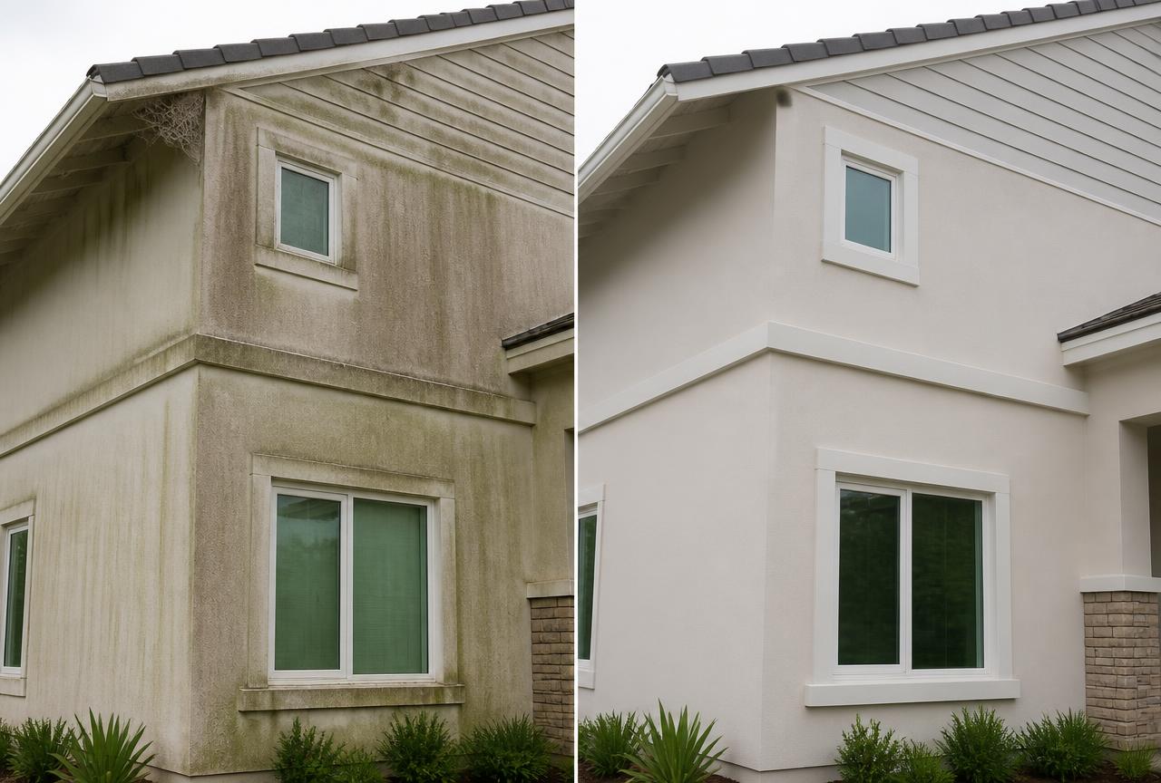 House exterior before and after soft wash house washing