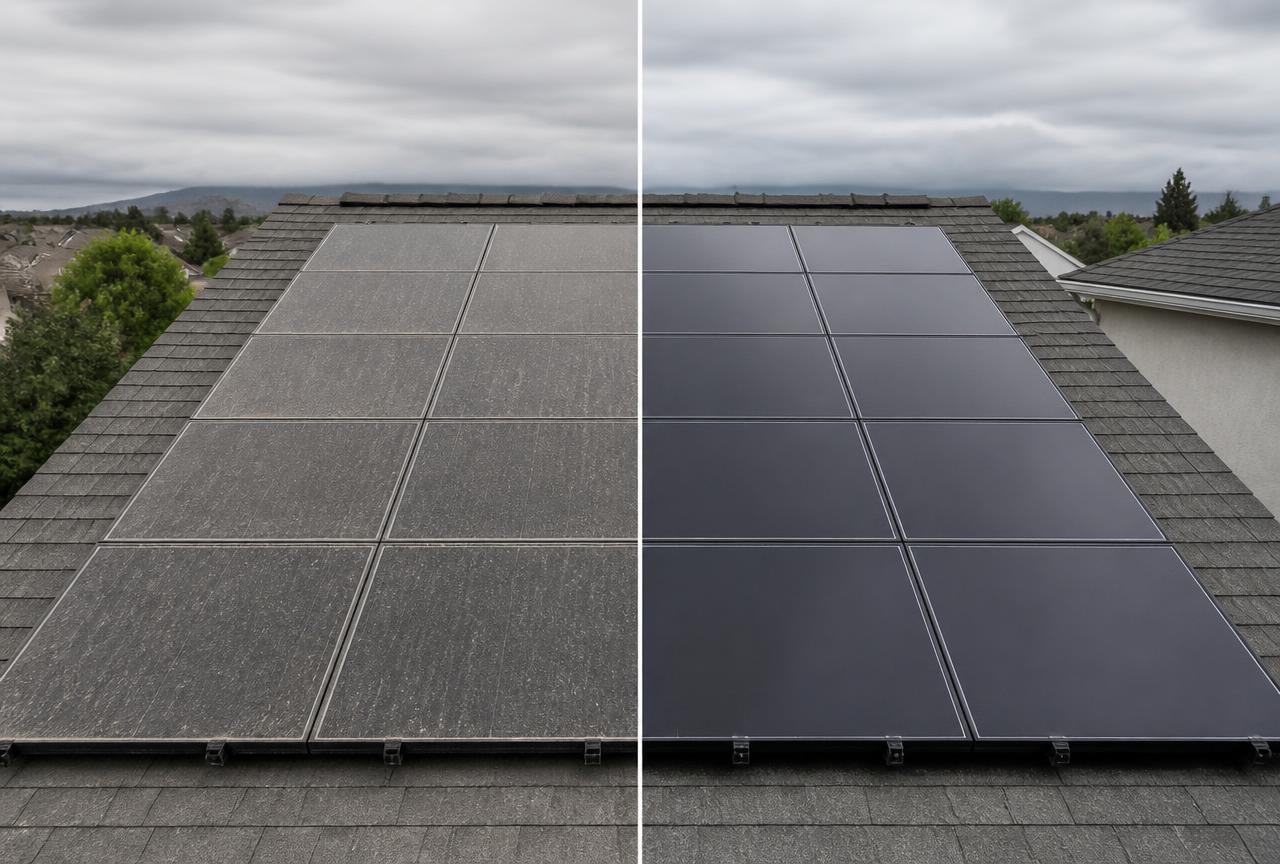Rooftop solar panels before and after cleaning