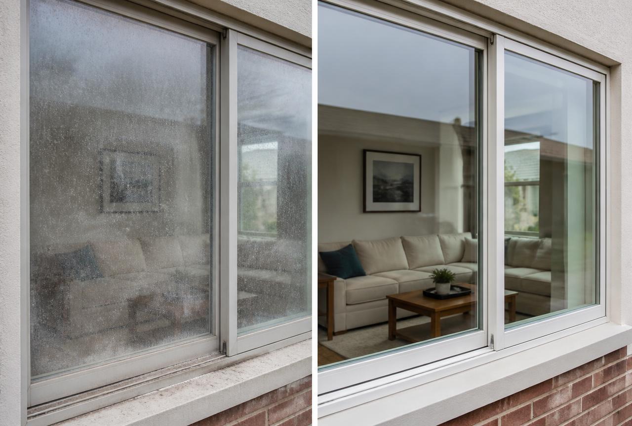 Residential window before and after interior and exterior window cleaning